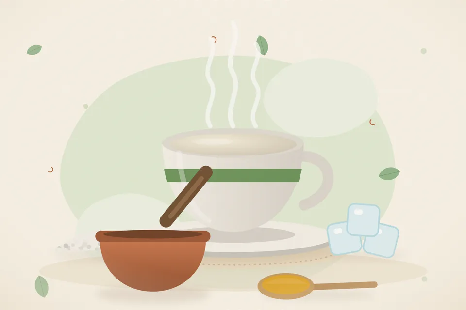 Illustrated still life with mishri crystals, ice.