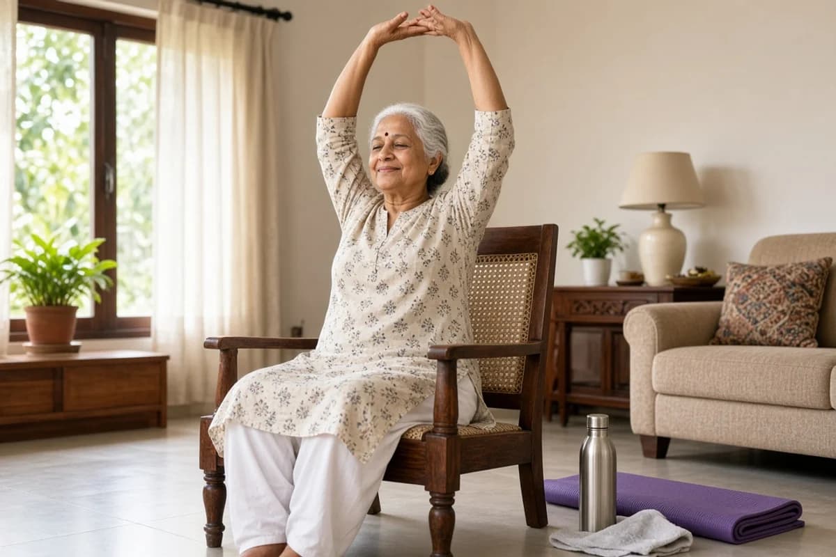 An elderly Indian woman in a kurta sits in a wooden chair stretching her arms overhead, with a yoga mat, steel bottle and towel on the floor.