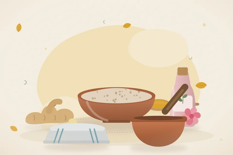 Illustrated still life with fresh ginger, rose water, a folded cloth.