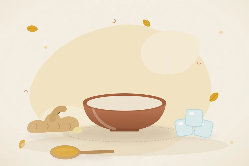 Illustrated still life with fresh ginger, ice.