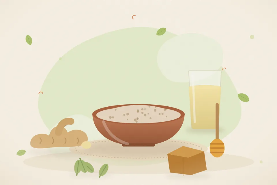 Illustrated still life with fresh ginger, honey, cardamom, jaggery.
