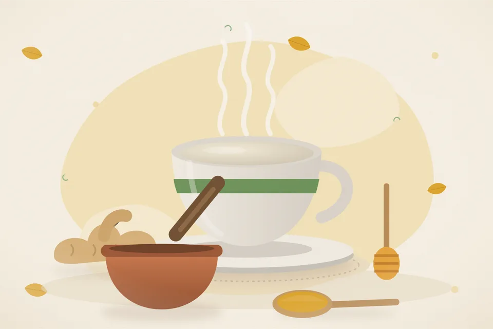 Illustrated still life with fresh ginger, honey.