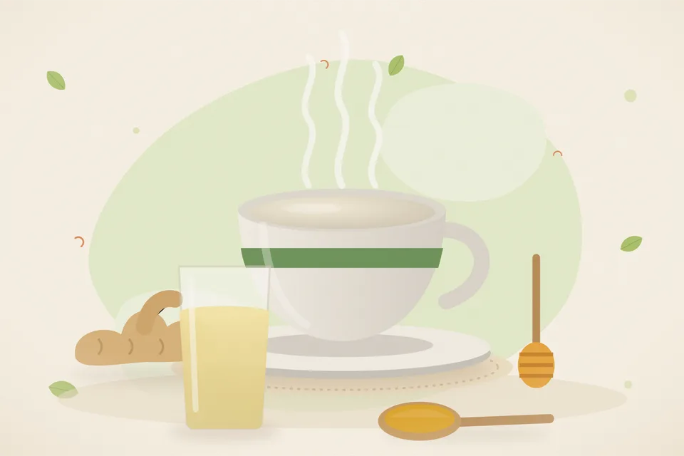 Illustrated still life with fresh ginger, honey.