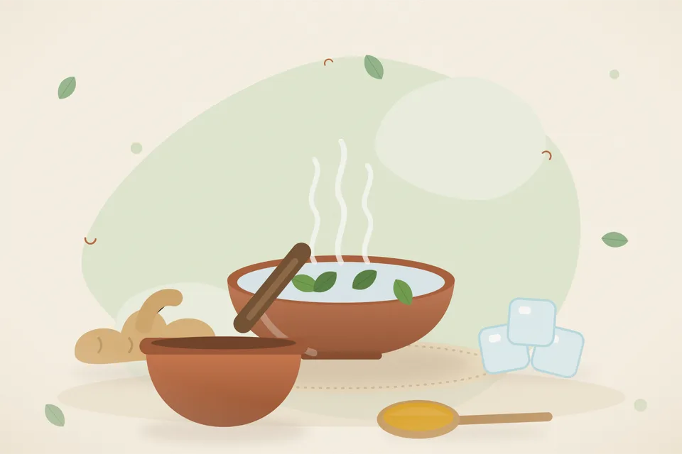 Illustrated still life with fresh ginger, ice.