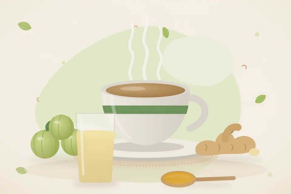 Illustrated still life with amla, fresh ginger.