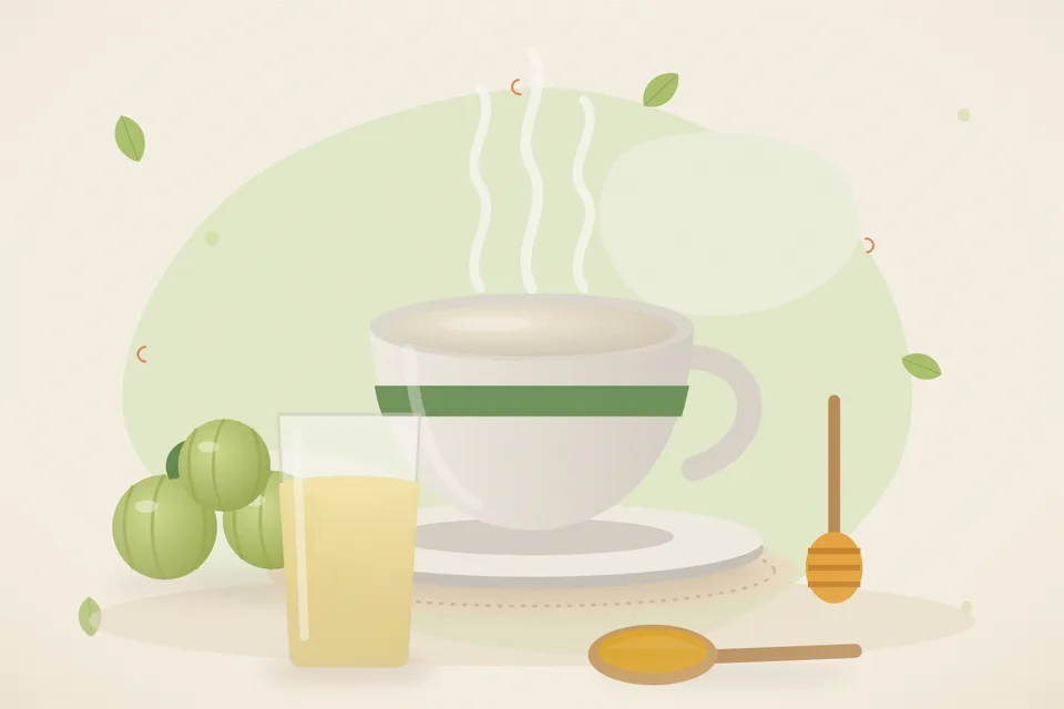 Illustrated still life with amla, honey.
