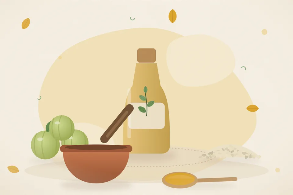 Illustrated still life with amla, sesame seeds.