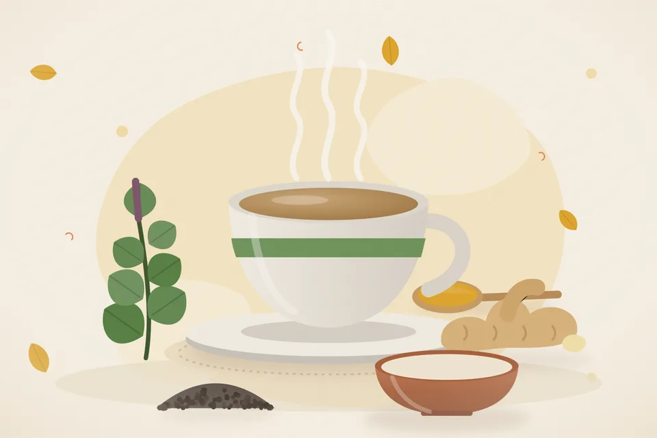 Illustrated still life with tulsi leaves, fresh ginger, black pepper.
