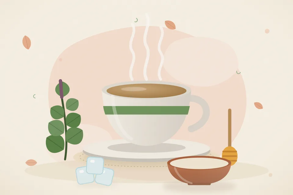 Illustrated still life with tulsi leaves, honey, ice.