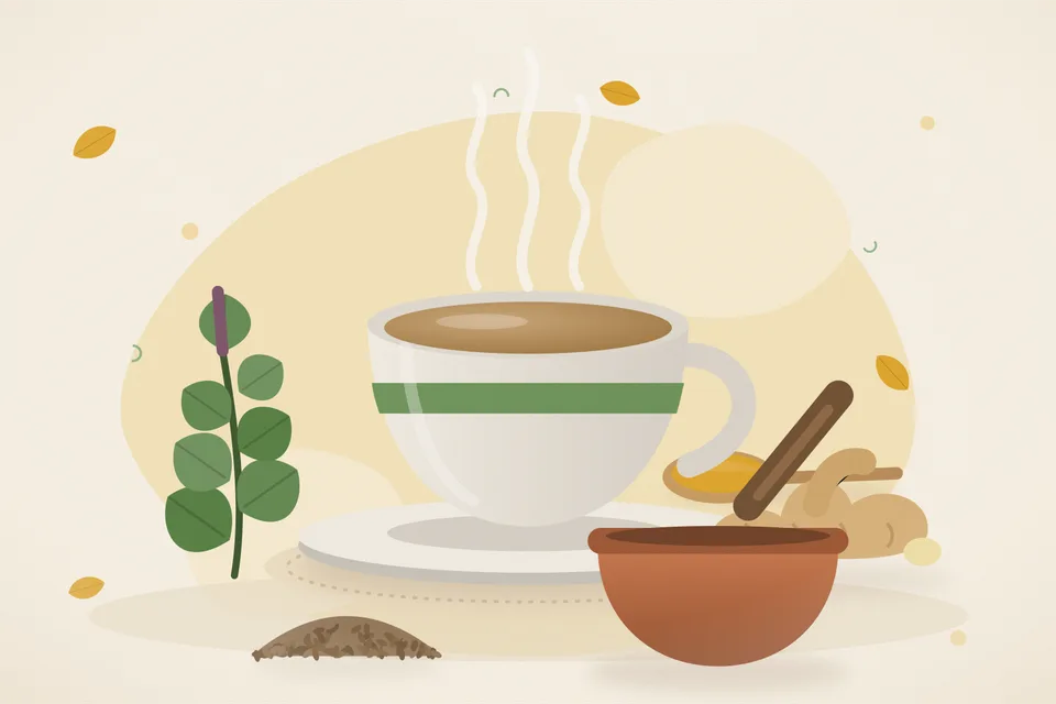 Illustrated still life with tulsi leaves, fresh ginger, cumin seeds.