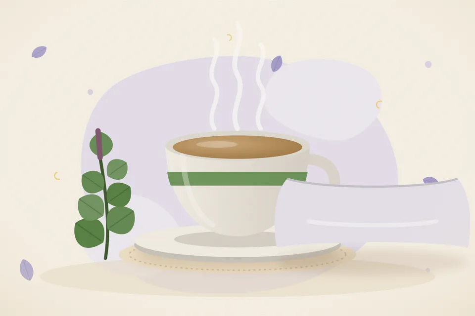 Illustrated still life with tulsi leaves.