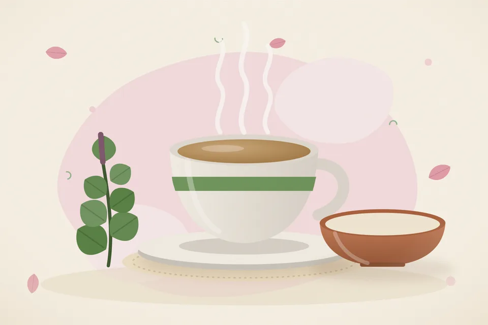 Illustrated still life with tulsi leaves.