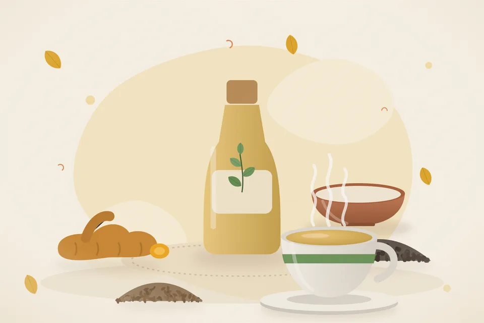 Illustrated still life with turmeric root, black pepper, cumin seeds.