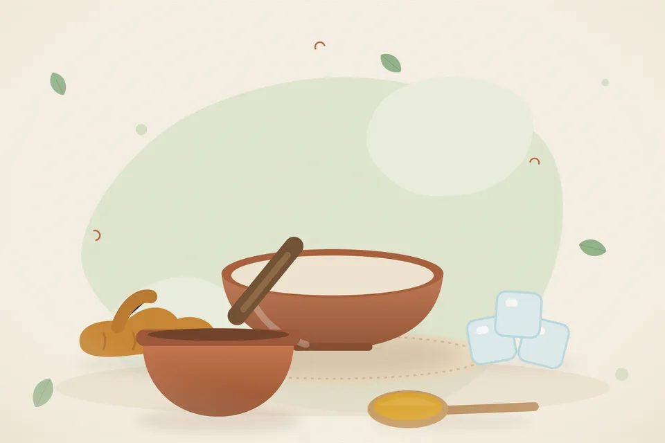 Illustrated still life with turmeric root, ice.