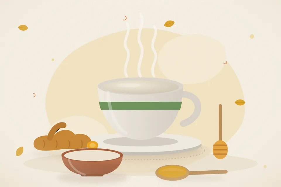Illustrated still life with turmeric root, honey.