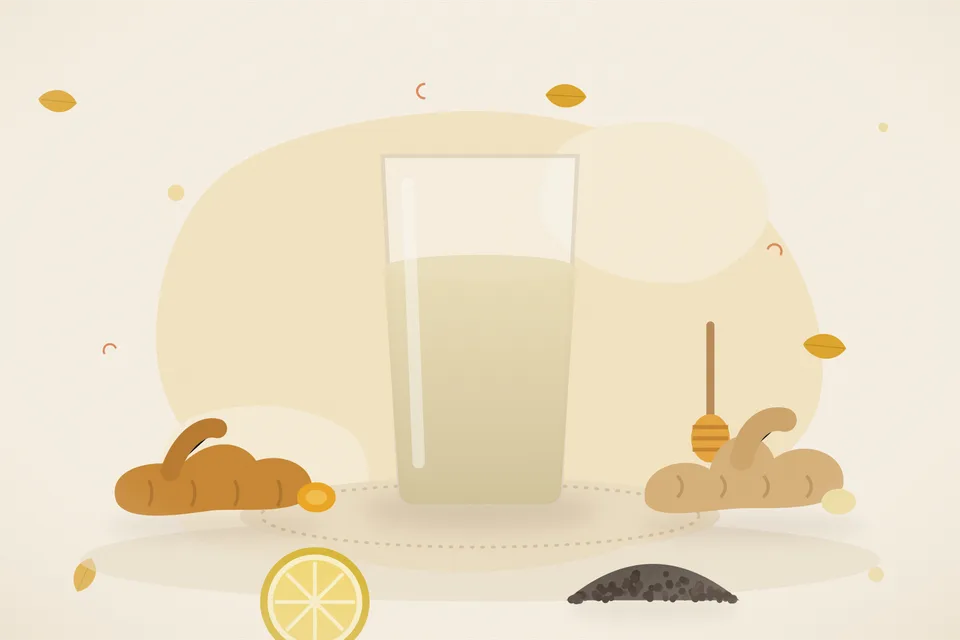 Illustrated still life with turmeric root, fresh ginger, lemon, black pepper, honey.