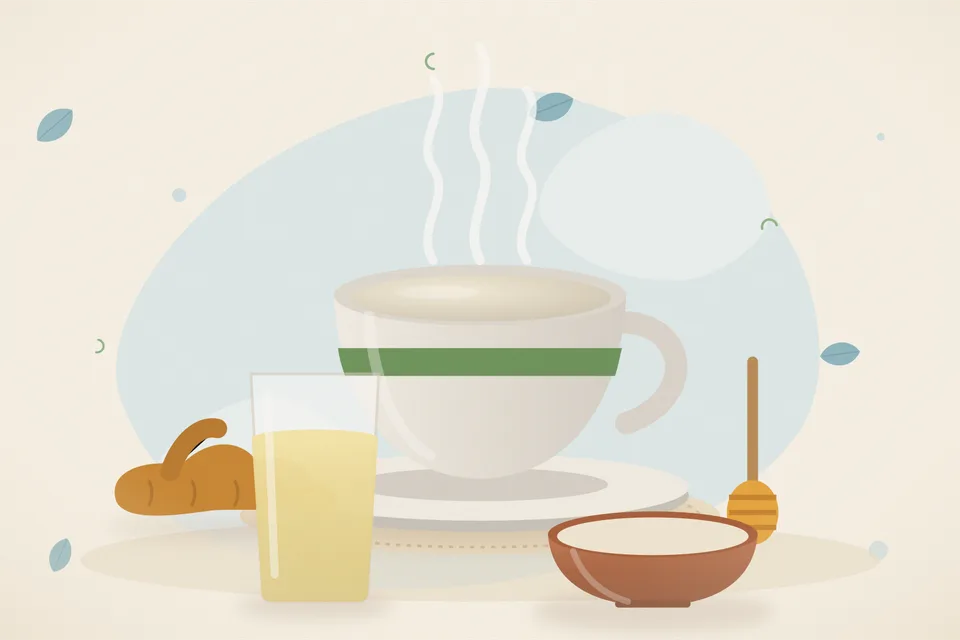 Illustrated still life with turmeric root, honey.
