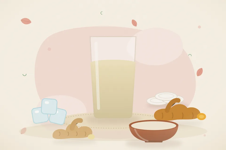 Illustrated still life with ice, turmeric root, fresh ginger.