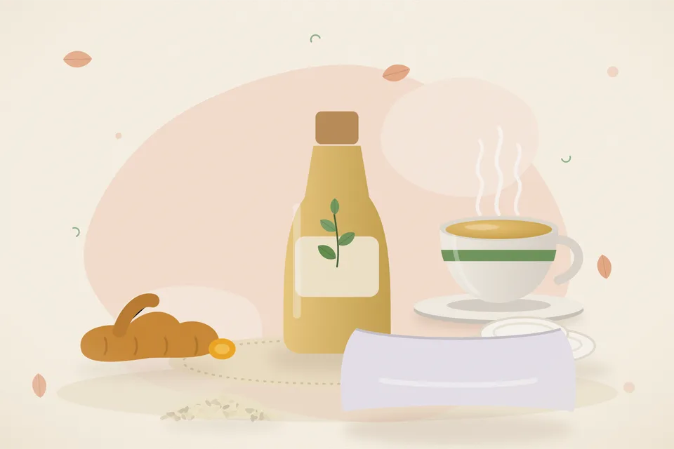 Illustrated still life with turmeric root, cotton pads, sesame seeds, a soft pillow.