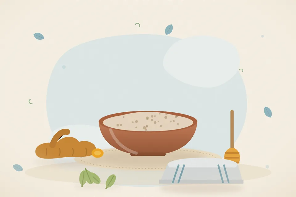 Illustrated still life with turmeric root, honey, cardamom.