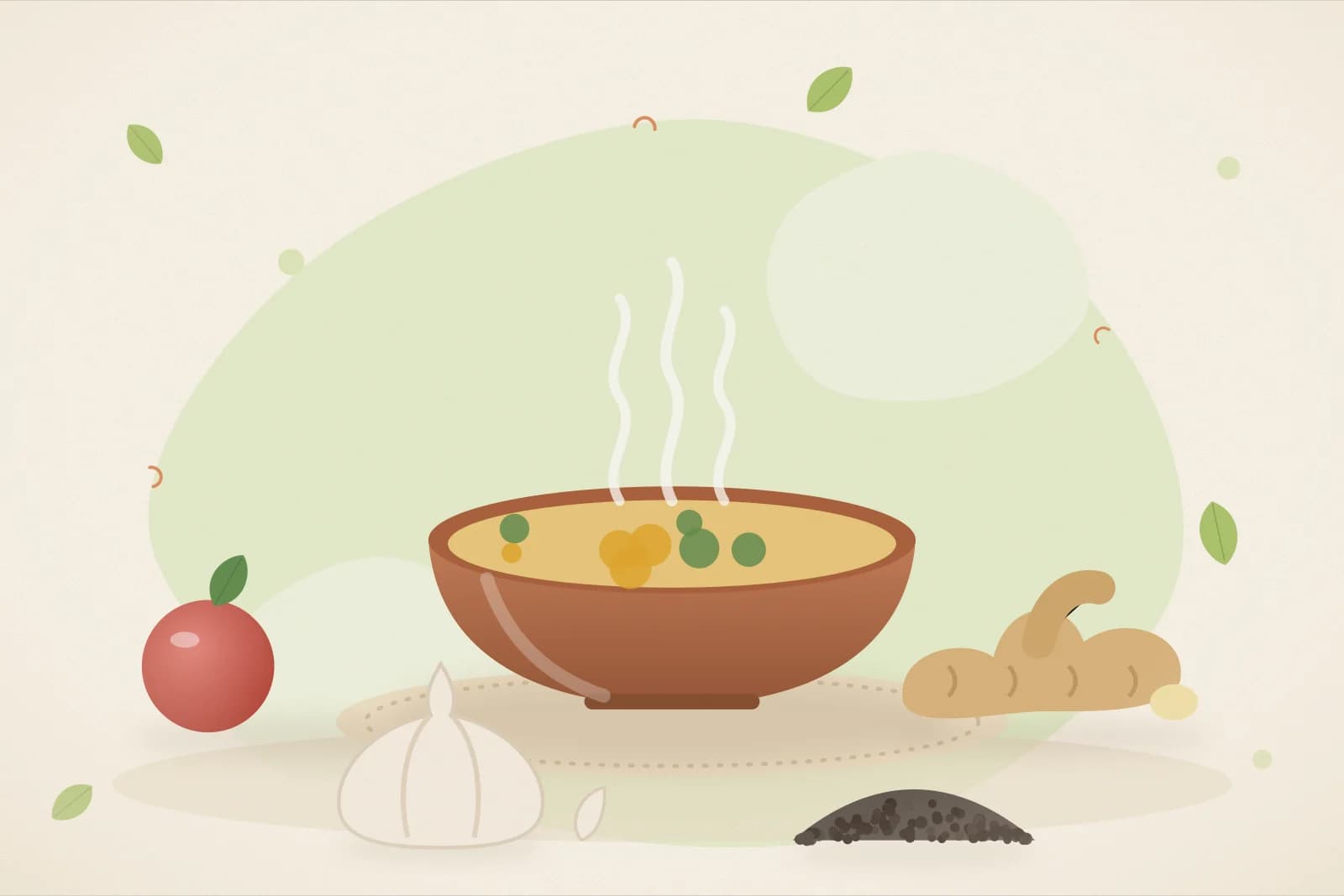 A steaming bowl of moong dal soup, a red tomato, ginger, garlic and black peppercorns on a lime-green background