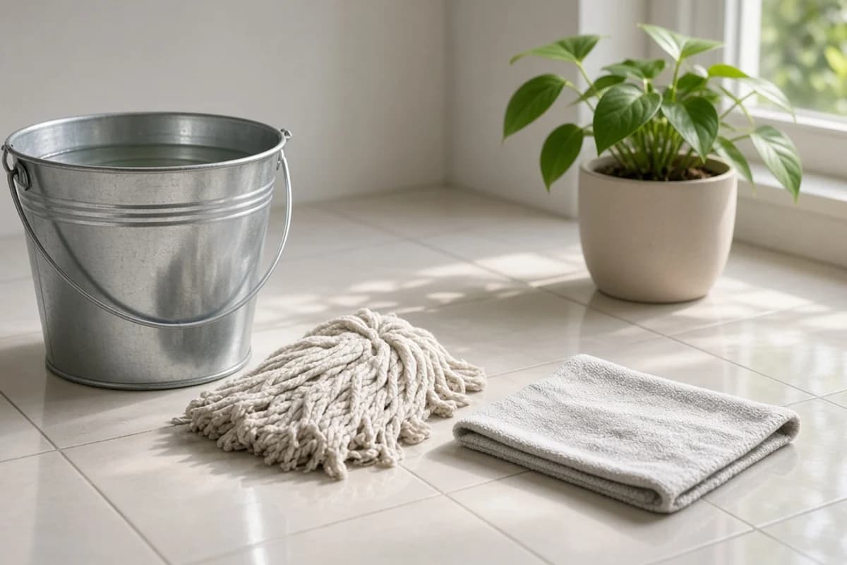A steel bucket of water, a white cotton mop head and a folded damp cloth on a tiled floor beside a small plant.