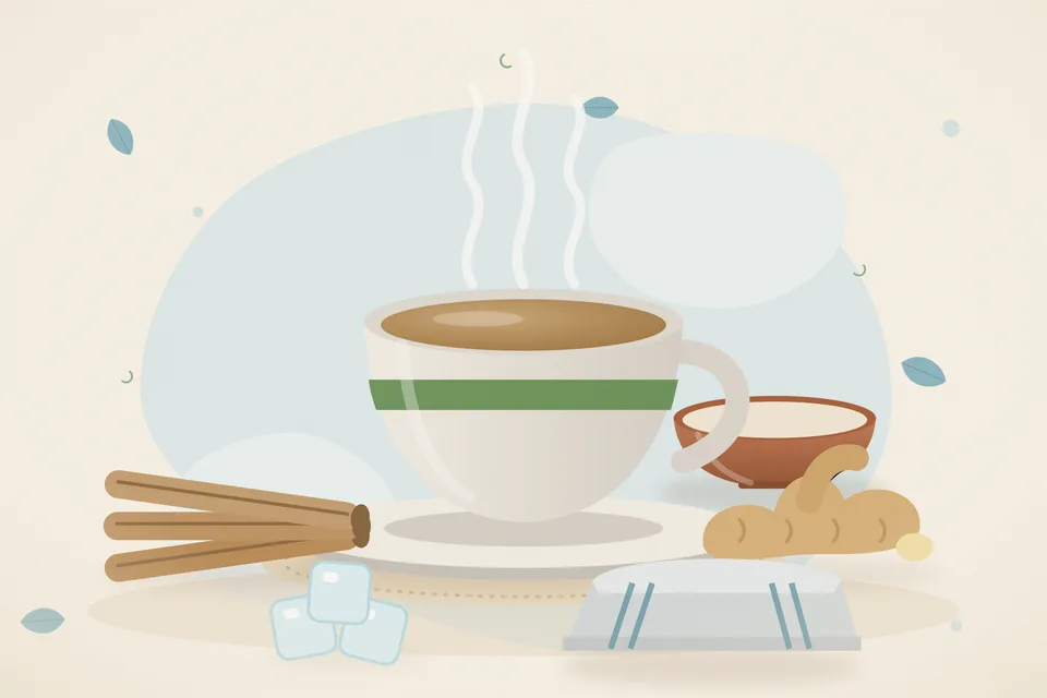 Illustrated still life with mulethi root, fresh ginger, ice.