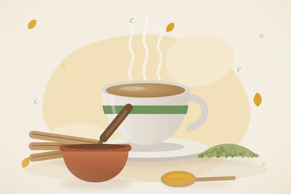 Illustrated still life with mulethi root, fennel seeds.