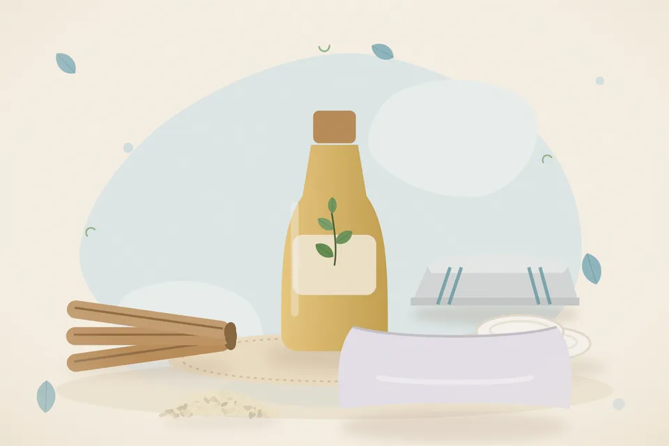 Illustrated still life with mulethi root, cotton pads, sesame seeds, a soft pillow.