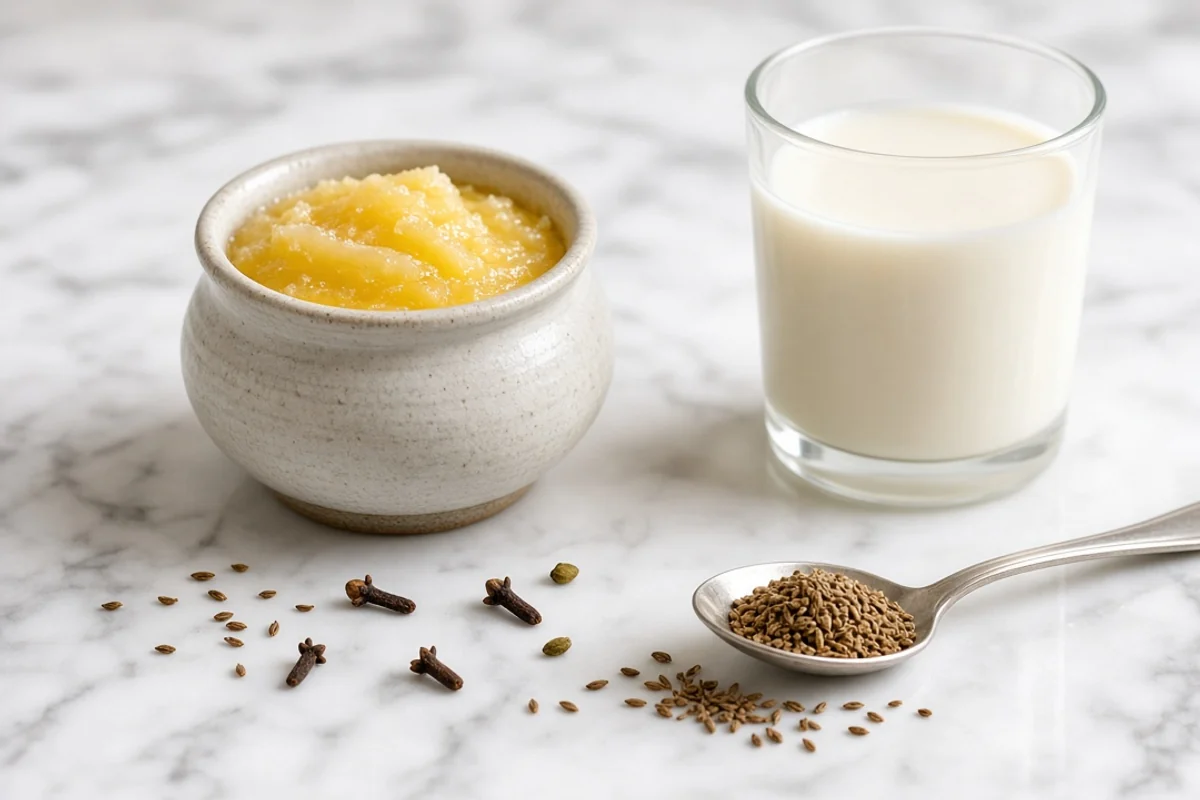 Illustrated still life with ajwain seeds, honey.