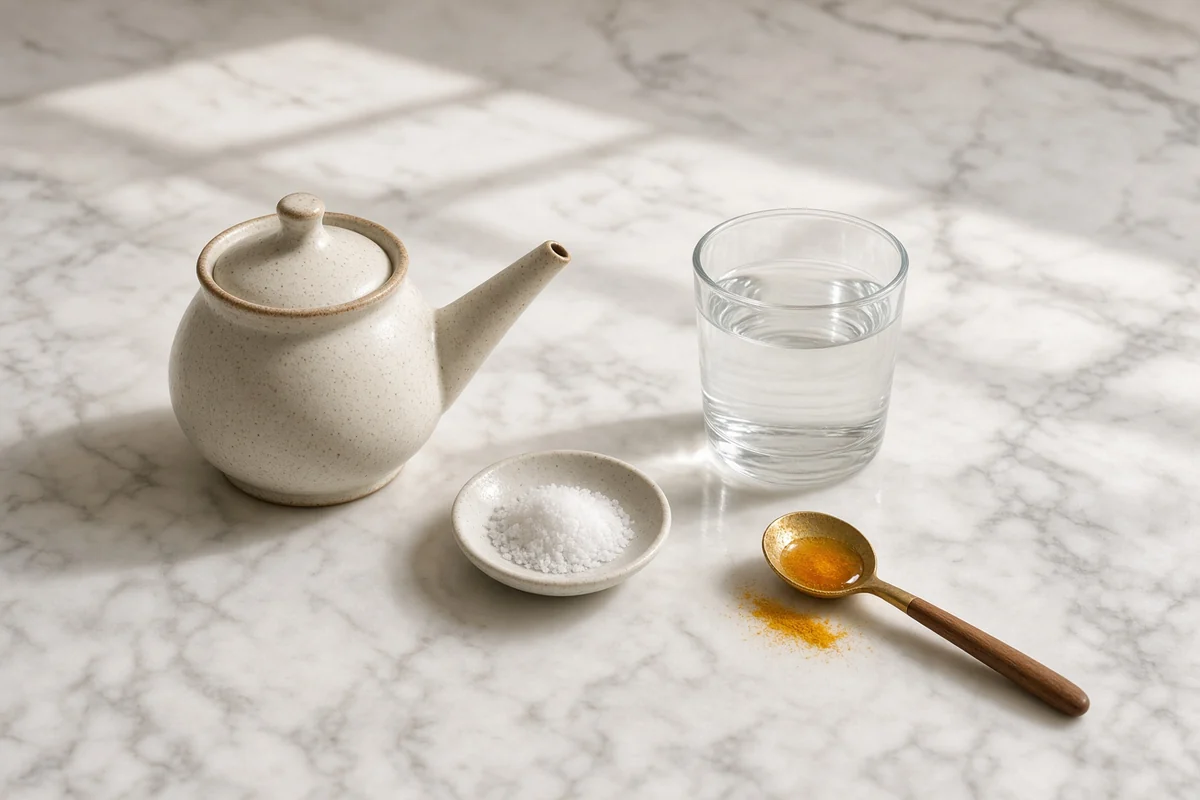 Salt, a glass of water, and honey with turmeric for an allergy routine.