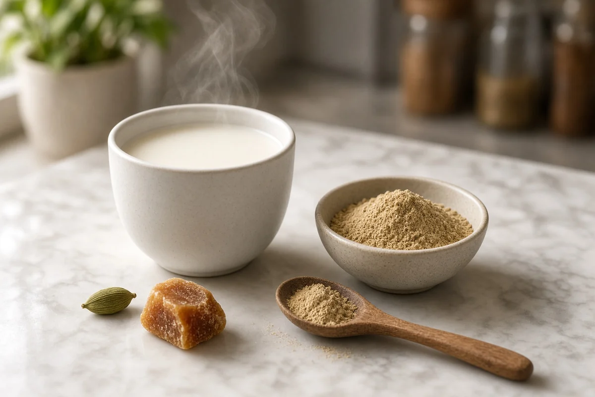 Warm milk with ashwagandha powder, cardamom and jaggery.
