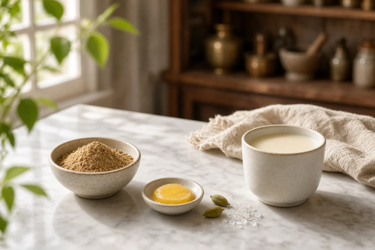 Beige ashwagandha powder, warm milk, ghee, cardamom and mishri.