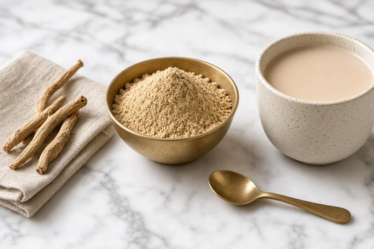 Illustrated still life with ashwagandha root, honey.