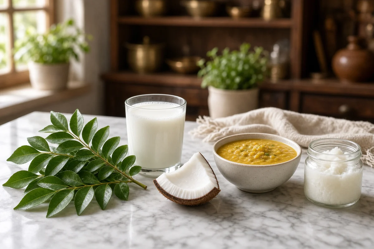 Fresh curry leaves, thin buttermilk, coconut, dal and coconut oil.