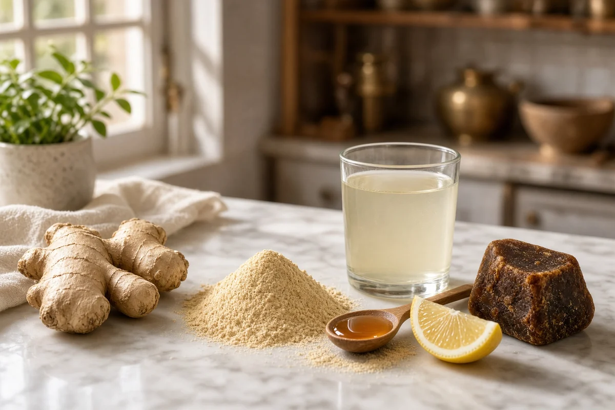 Fresh ginger, dried ginger powder, clear ginger water, honey, lemon and jaggery.