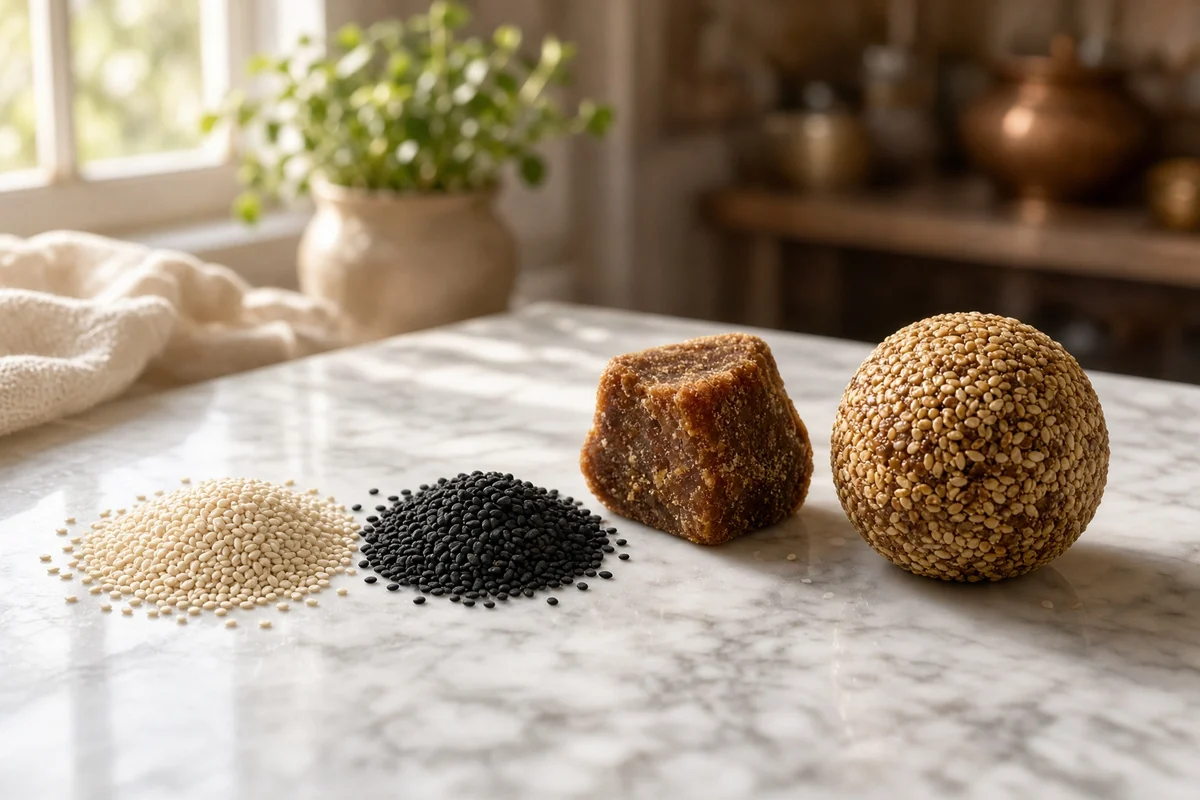 White and black sesame seeds, jaggery and a sesame laddoo.