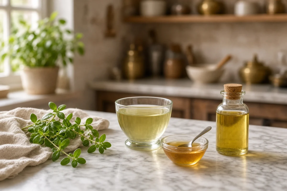 Brahmi leaves, thin herbal tea, honey and a bottle of oil.