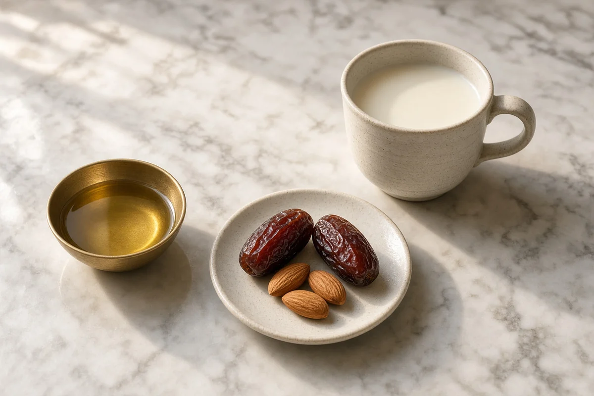 A bowl of sesame oil, soaked dates and almonds, and warm milk.