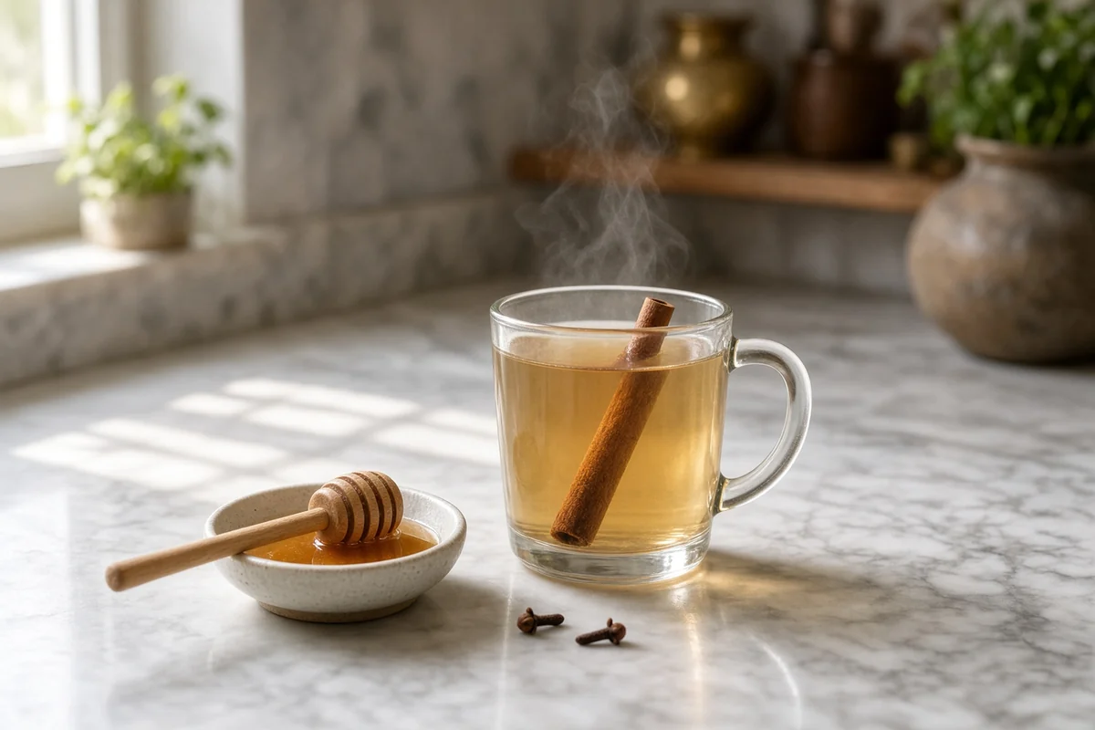 Warm cinnamon water with cloves, and honey kept beside the mug.
