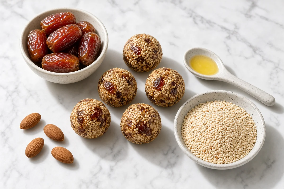 Sesame-coated date bites with dates, almonds, sesame seeds and ghee.