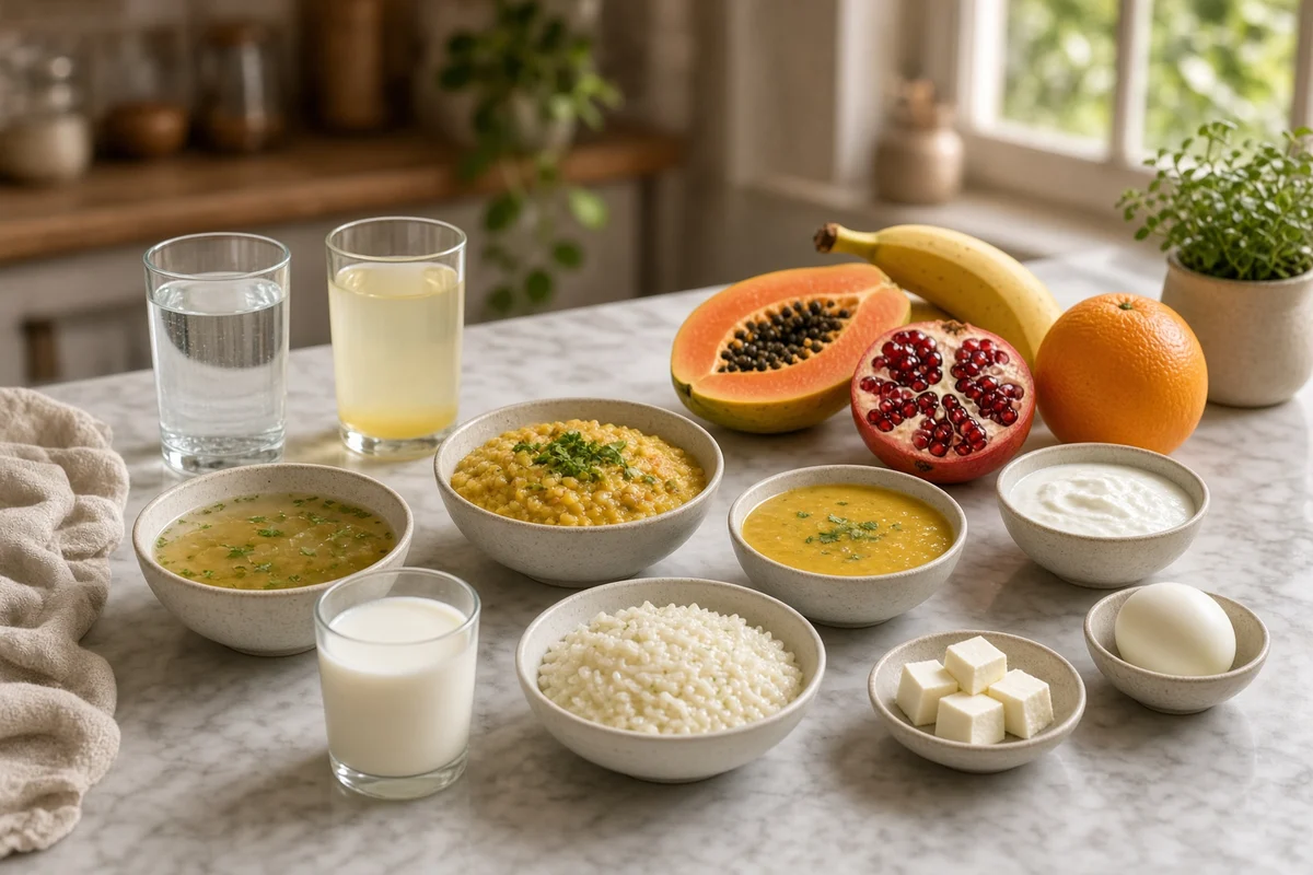 Clear ORS water, coconut water, soup, thin buttermilk, rice kanji, khichdi, papaya, pomegranate, banana, orange, dal, curd, paneer and an egg.