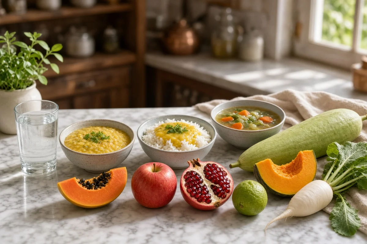 Khichdi, thin dal, soup, papaya, apple, pomegranate, sweet lime, bottle gourd, pumpkin and radish.