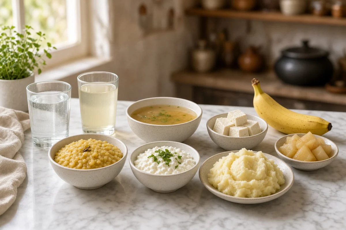 Clear water, coconut water, soup, khichdi, curd rice, mashed potato, paneer, banana and stewed apple.