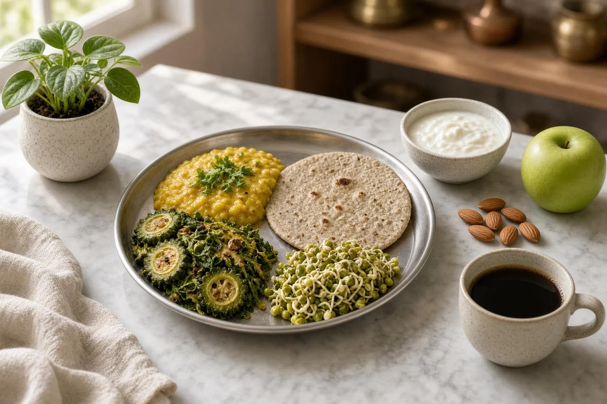 A steel plate of bitter gourd, greens, dal, millet roti and sprouts, with curd, a green apple, almonds and black coffee.
