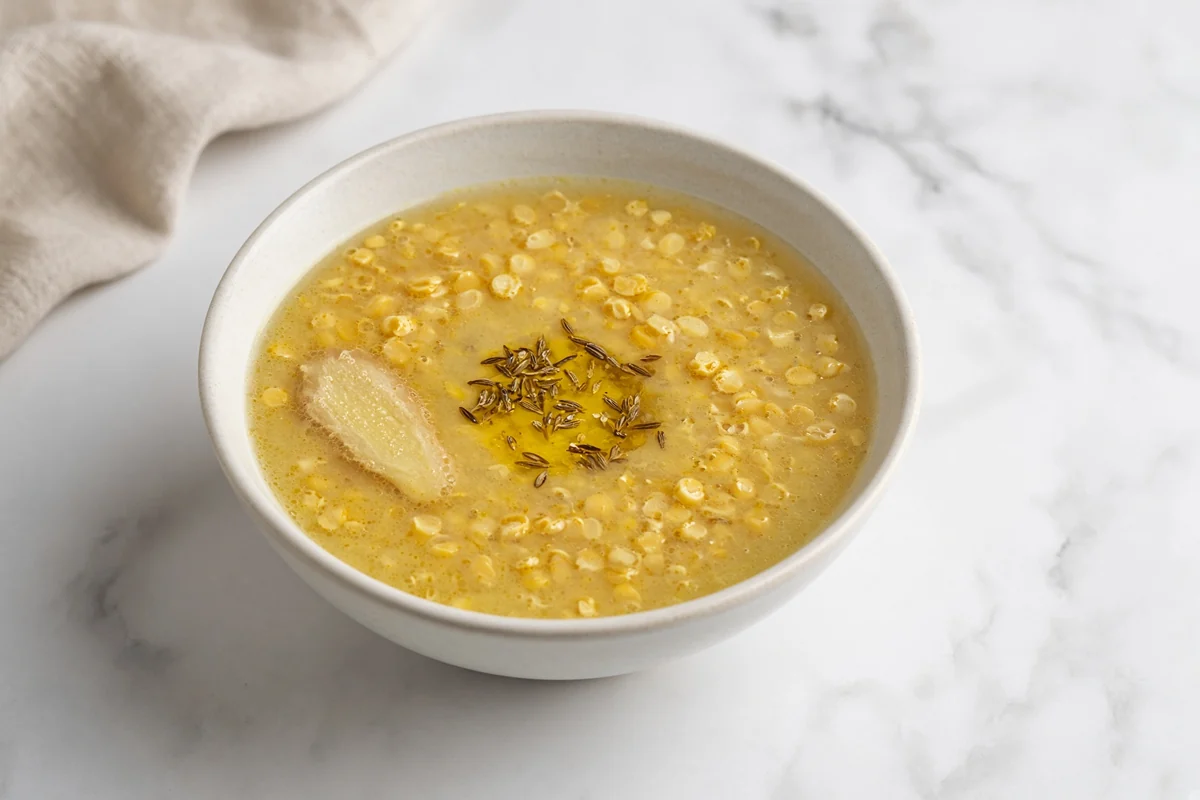 A bowl of thin yellow moong dal water with ginger, turmeric, ghee and cumin.