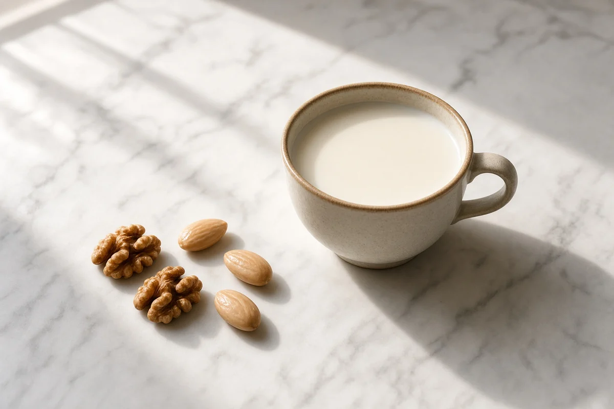 Soaked walnuts and almonds beside a cup of warm milk in morning light.