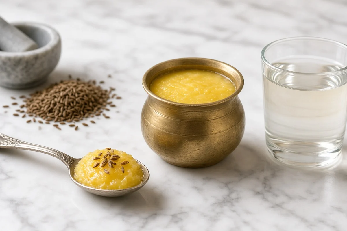 चित्र में शहद, जीरा की आयुर्वेदिक रसोई की व्यवस्था।