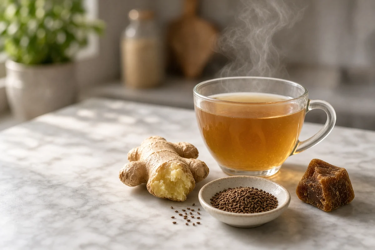 A cup of ginger tea with fresh ginger, jaggery and ajwain.