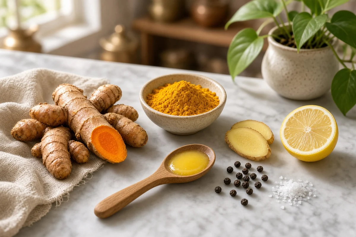 Fresh turmeric roots, turmeric powder, ghee, black pepper, ginger, lemon and salt.
